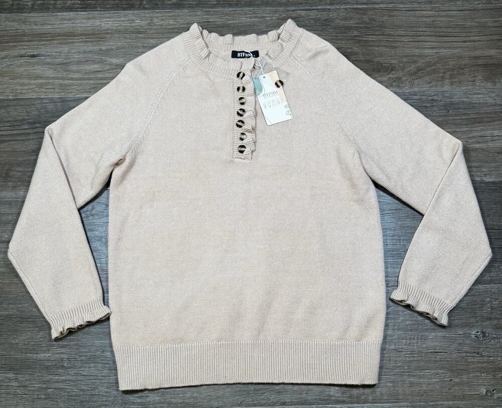 BTFBM Women’s Small Beige Knit Sweater Henley Ruffle Button Long Sleeve NWT